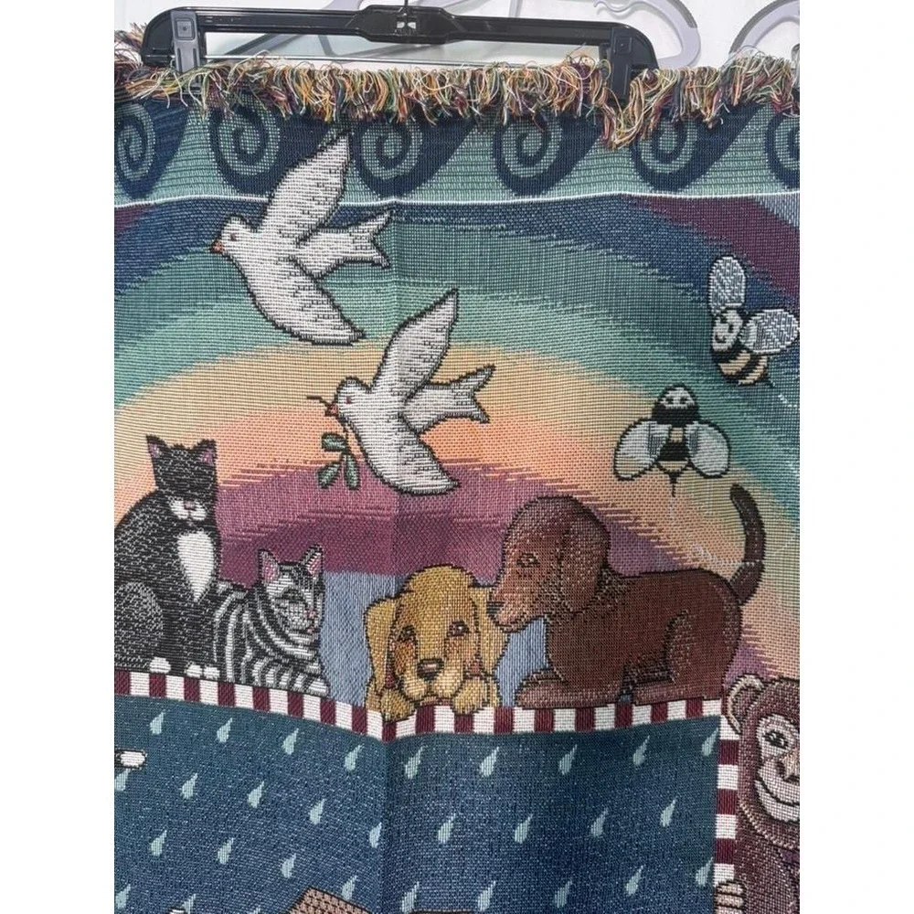Vintage Folkart‎ American Weavers Noah's Ark Tapestry Throw Blanket Americana